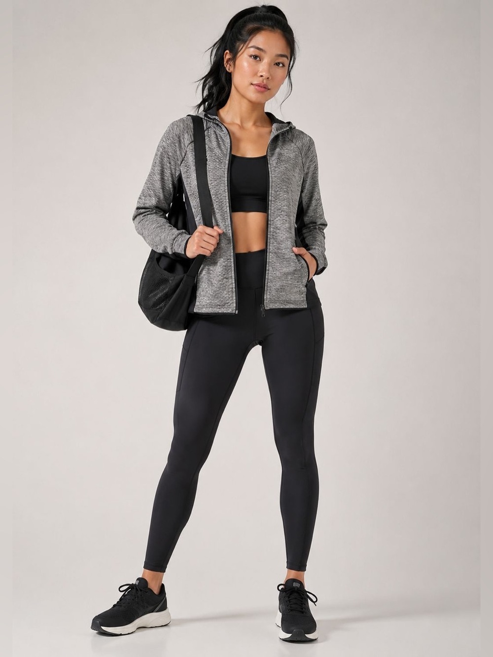 Athleta Hybrid Full-Zip Performance Hoodie – S, Gray & Black, Athletic Jacket